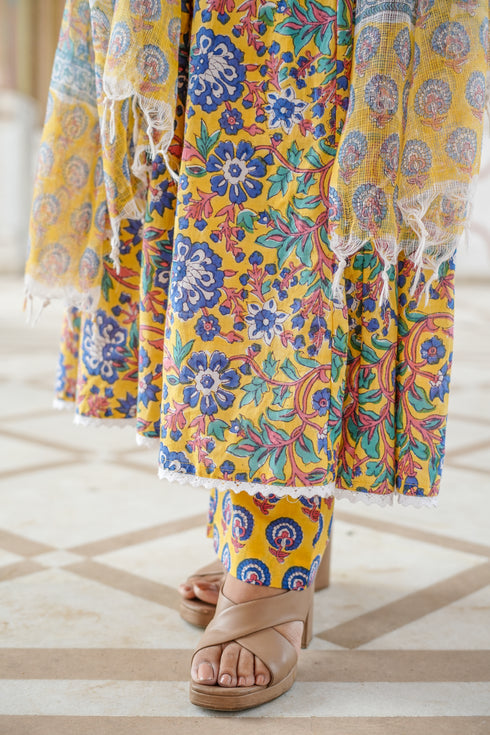 Yellow Angrakha Style Block Print Anarkali
